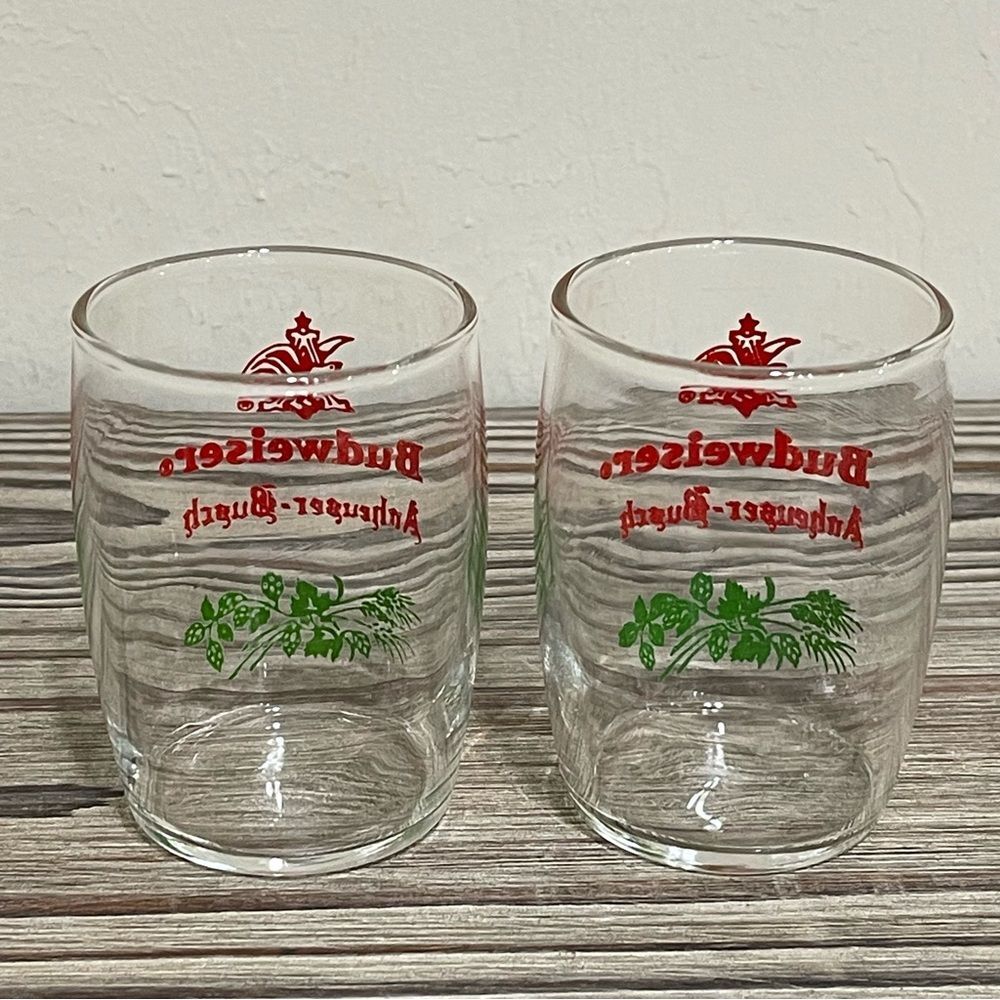 Vintage 60s Budweiser Anheuser Busch Tester Sampler Glasses Barrel Shaped 2 Set - Picture 4 of 9